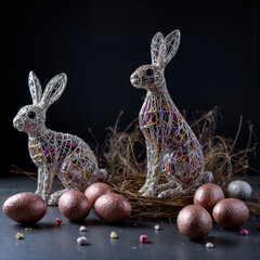 Glowing wire rabbits and eggs on a dark background