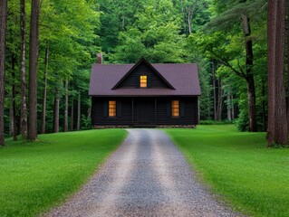 Serene forest pathway to glowing wooden cabin nature scene cinematic view tranquil environment