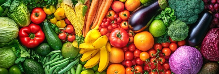 Vibrant assortment of fresh fruits and vegetables arranged in a colorful display.