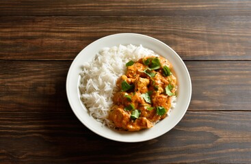 Butter chicken with basmati rice on plate on wooden background