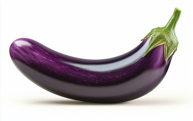 Deep purple eggplant with a green stem and smooth surface isolated on a white background