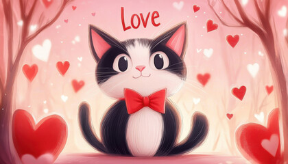 Fototapeta premium Cute cartoon cat with bow tie surrounded by hearts and word Love