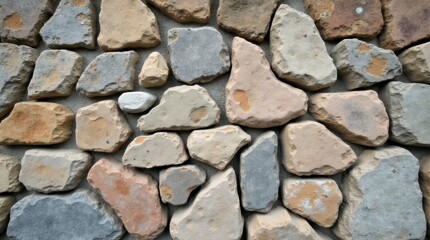 Fototapeta premium Natural Beauty: Close-Up of a Varied Stone Wall Rustic Charm: Exploring the Textures of Irregular Stones Earthy Tones: Captivating Patterns in Natural Stone Masonry