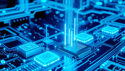 Close-up of a blue circuit board with microchips and glowing lines, representing advanced technology and electronic innovation