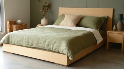 A low-profile Japandi bed with a linen duvet, wooden nightstand, and a small ceramic lamp.