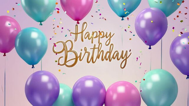 Cheerful Happy Birthday celebration with colorful balloons, gold script text, and festive confetti creating a joyous atmosphere. Generative ai