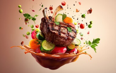 Floating gourmet steak with grilled vegetables, fresh herbs, and splashes of rich sauce on a soft pastel background