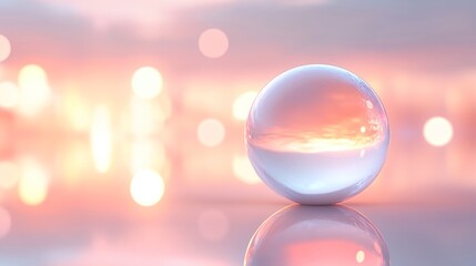 Glowing abstract sphere on a reflective surface, blending soft light and natural textures, symbolizing harmony and modern elegance.