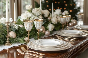 Elegant Easter Dinner Table Setting with Candlelight and Floral Accents