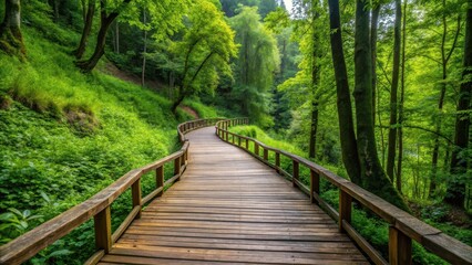 Fototapeta premium Winding wooden path amidst lush greenery in Camnago, winding road, outdoor, winding road, outdoor, serenity