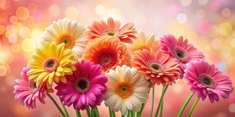 Fototapeta premium A vibrant bouquet of colorful gerbera daisies arranged in a delicate cluster, showcasing a delightful array of hues and patterns, set against a soft backdrop of shimmering lights.