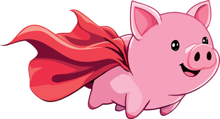 Super pig flying and wearing red cape, cartoon character illustration