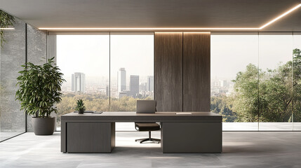 Fototapeta premium Modern office with minimalist desk, laptop, and plant, cityscape backdrop, soft daylight, professional and inviting ambiance.