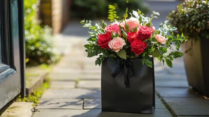Fototapeta premium A rose bouquet delivery arranged in a stylish black gift bag, placed on a sunny doorstep.