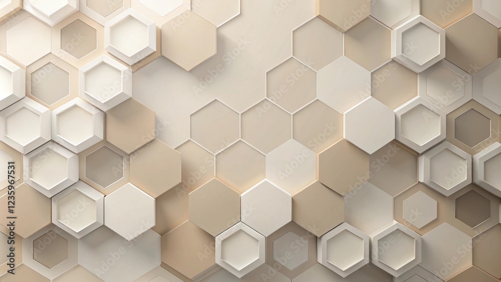 Poster A Geometric Pattern of Interlocking Hexagons in a Beige and White Color Scheme
