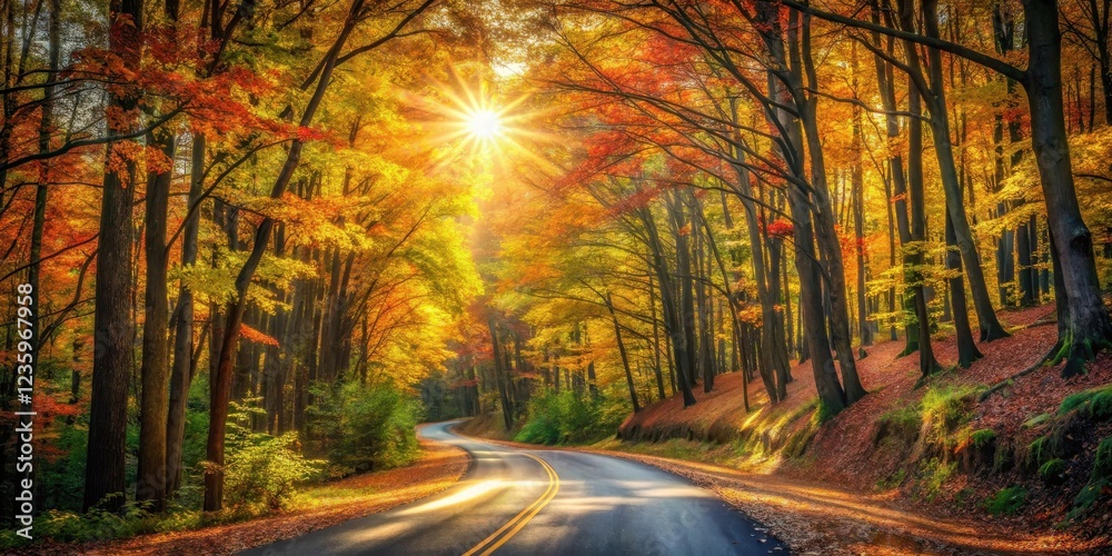 Poster a winding road through a forest of autumn leaves, with sunlight shining through the trees creating a