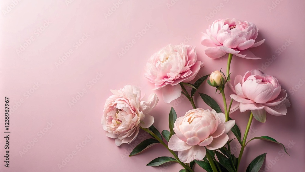 Poster delicate pink peonies on a soft blush background with ample copy space