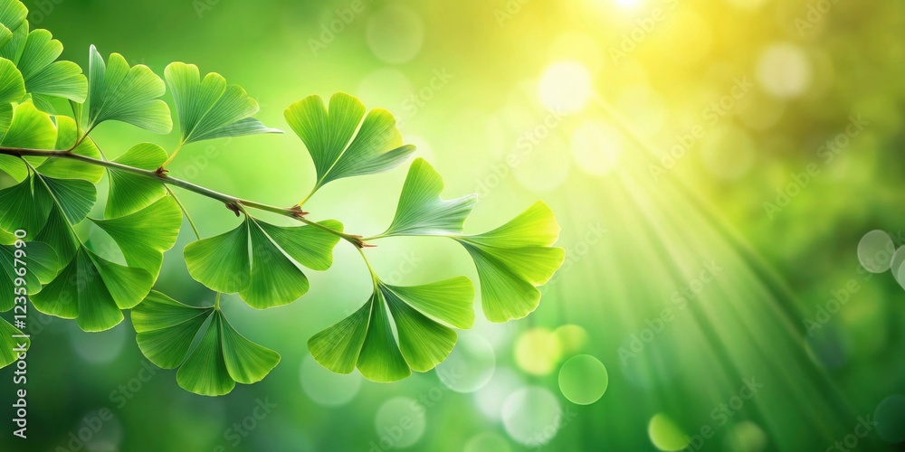 Poster sunlight filtering through vibrant green leaves, creating a serene and tranquil natural scene.