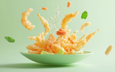 Floating Plate of Crispy Tempura Vegetables with a Splash of Dipping Sauce on a Soft Pastel Mint Background