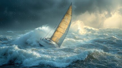Sailboat Battling Tempestuous Ocean Waves During Storm