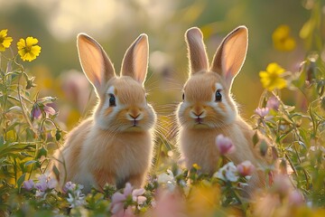 Obraz premium Pair of Fluffy Bunnies Surrounded by Colorful Spring Flowers in Peaceful Outdoor Natural Scene