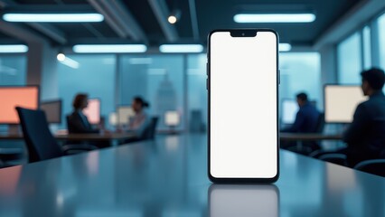 Smartphone Front View Mockup, Futuristic corporate app on smartphone high-tech office background photorealistic.