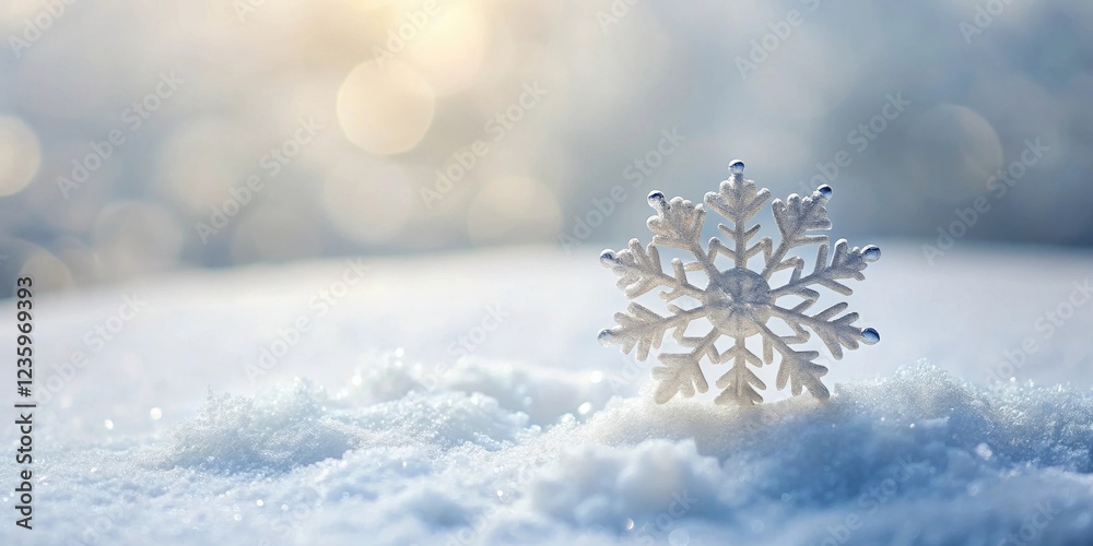 Aufkleber A sparkling snowflake rests on a pristine blanket of snow, bathed in soft sunlight and surrounded by ethereal bokeh