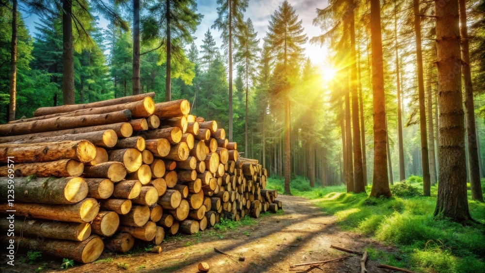 Poster a stack of logs in a lush forest bathed in the golden light of the setting sun