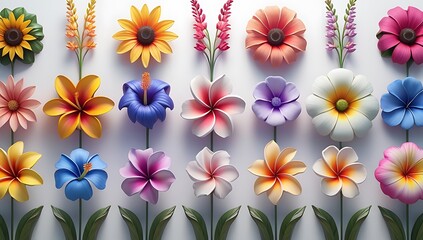 Spring flowers. 3d colorful daisy flower collection. 3d Different Flowers Set Plasticine Cartoon Style Include of Flower Plant, Leaf, Tree and Shrub. Vector illustration