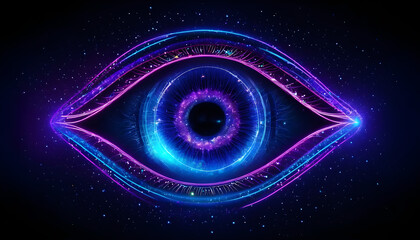 Glowing Neon Eye Abstract Art: Purple Blue Energy Cosmic Eye Digital Artwork High Resolution Wallpaper Background