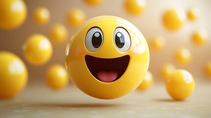 Fototapeta premium Happy emoticon floating in the air. Background of floating circles. Potential use Digital communication