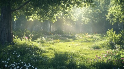 Obraz premium A serene forest scene with sunlight filtering through trees, illuminating a meadow of flowers.