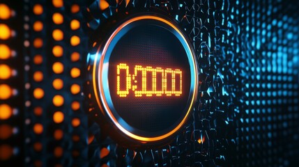 Digital timer showing zero. Futuristic, technological background.