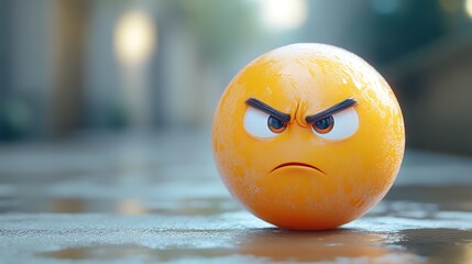 Angry emoji on wet ground. Outdoor setting. Possible use for social media