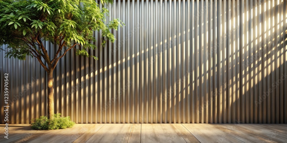 Aufkleber sunlight streams through the vertical slats of a wall, casting shadows on the wooden floor and the l