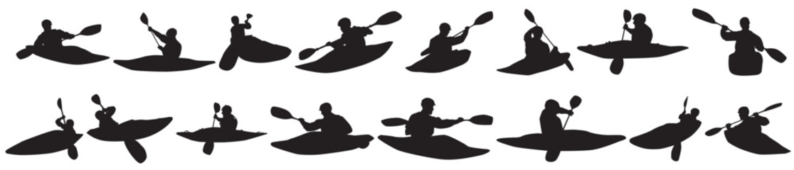 collection of silhouettes of kayaking set