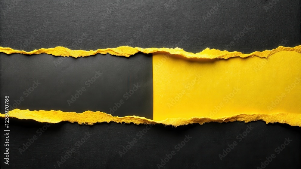 Poster a torn yellow sheet of paper revealing black paper underneath, with a jagged edge and a soft focus f