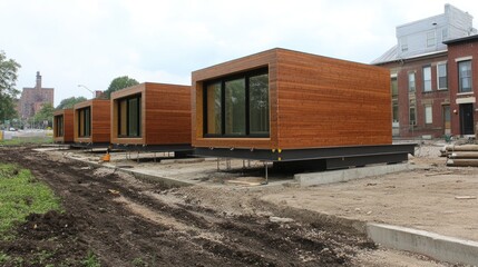 A row of prefabricated modular homes ready for rapid assembly.