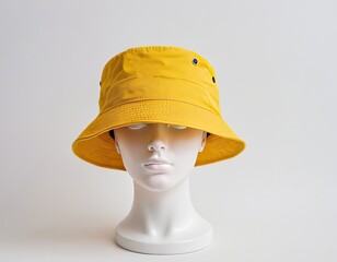 Stylish yellow bucket hat displayed on a mannequin head, perfect for casual outings.