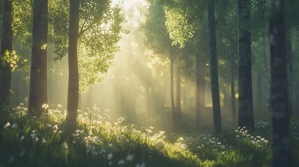 Fototapeta premium Tranquil forest bathed in soft sunlight, earthy tones blending harmoniously, evoking peace and natural serenity.