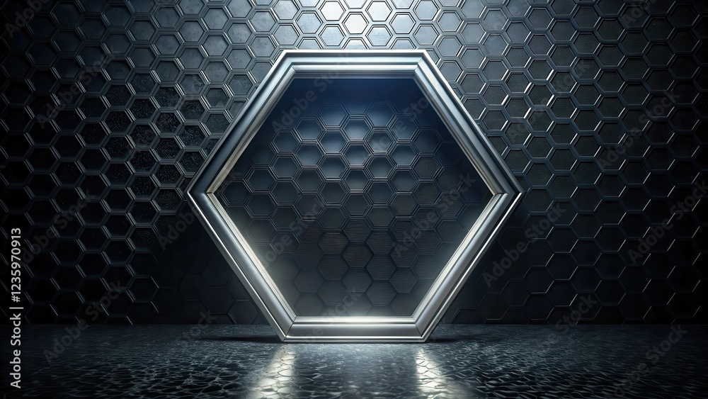Poster A Hexagon Frame Adorns a Dark Hexagonal Background with a Reflective Floor