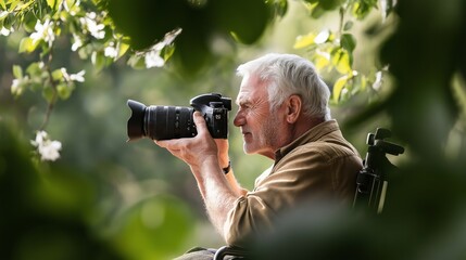 An old man in a wheelchair takes pictures of nature with a professional camera, spring or summer time. Photographer with disability. Concept: inclusivity, hobby