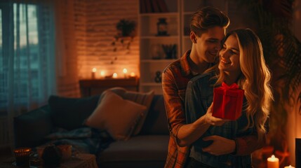 Obraz premium A young man is giving gifts to his smiling girlfriend at home, and they are embracing each other.
