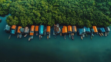 Aerial View of Water Village nestled in Lush Mangrove Forest