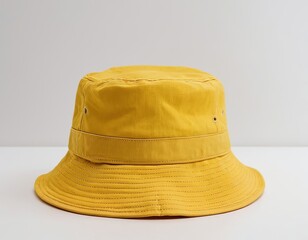 A vibrant yellow bucket hat placed on a plain background, exuding a cheerful and summery vibe.