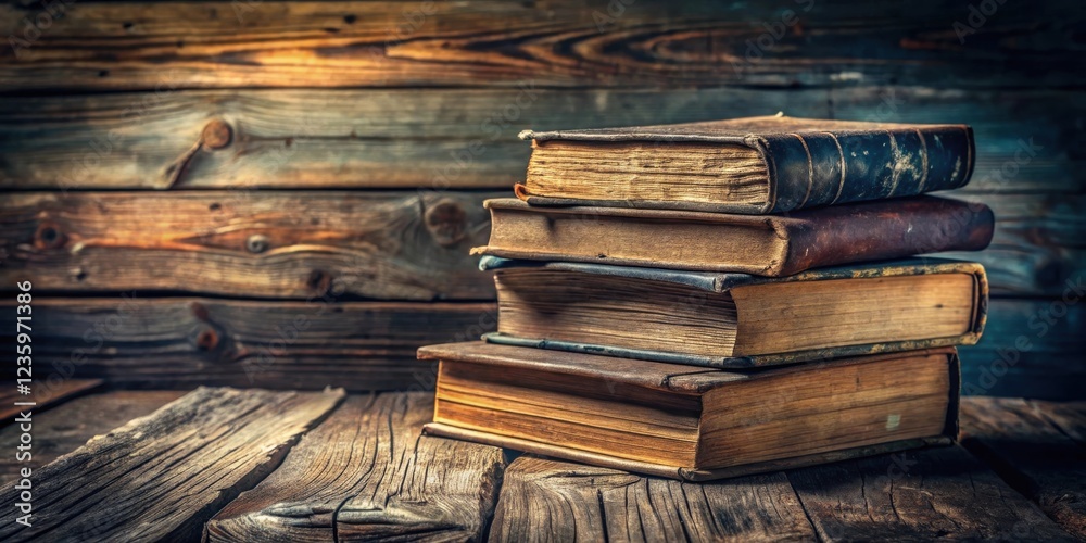 Poster a stack of old books resting on a weathered wooden surface, reflecting the passage of time and the e