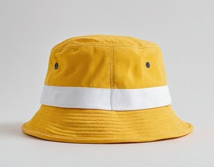 Bright yellow bucket hat with a white band, perfect for sunny days.