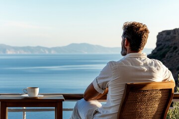Photo from the back of Man sitting on balcony overlooking sea, coffee on the table nearby, copy space. Concept: totally relaxed, Therapeutic Laziness, slow living