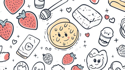 Cute breakfast doodle pattern honey, strawberries, pancakes