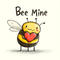 A quirky cartoon Valentine’s Day design featuring a happy bee holding a heart